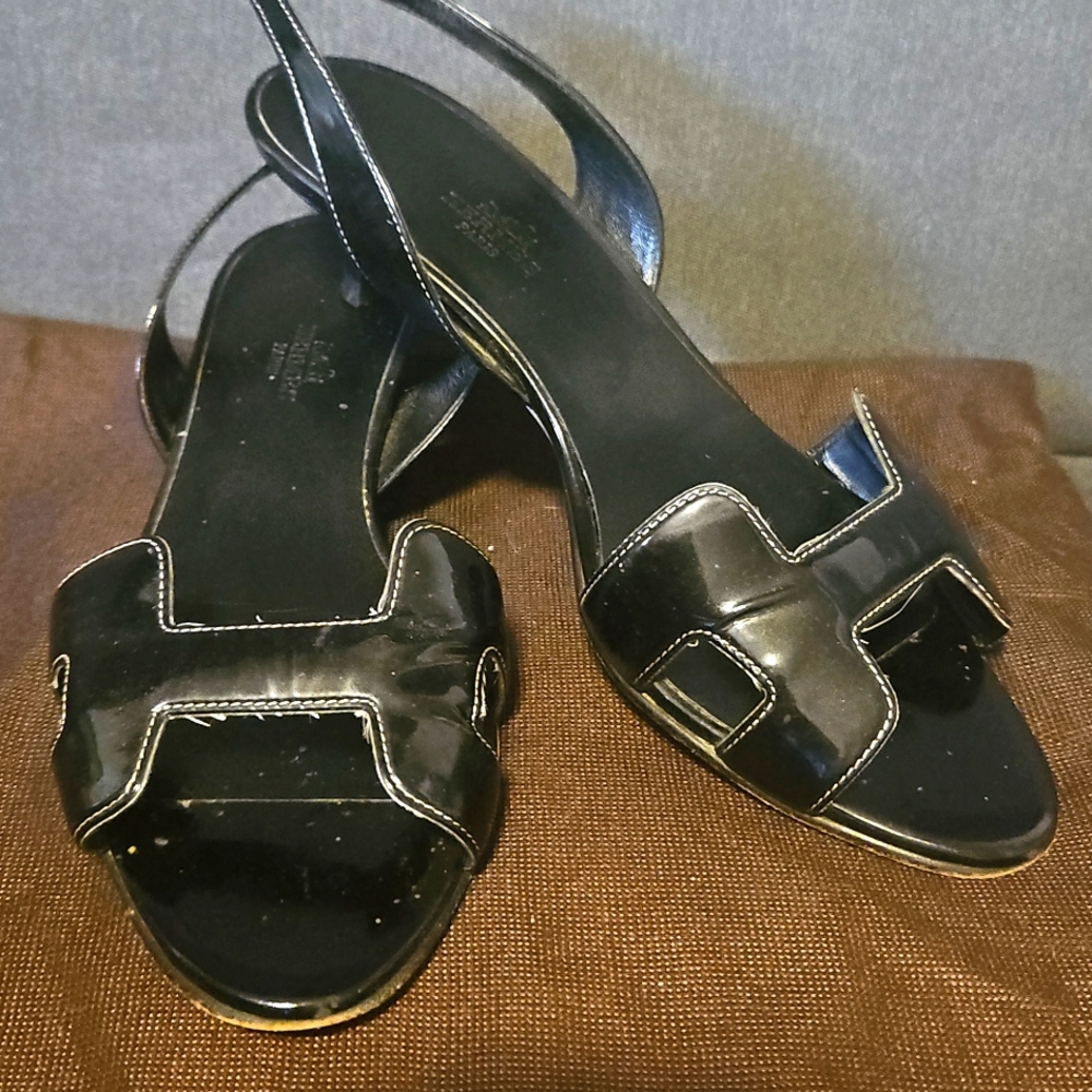 💜 Hermes Black Sandals  Peep-Toe Slingback Kitty Heels 👠 Size 39